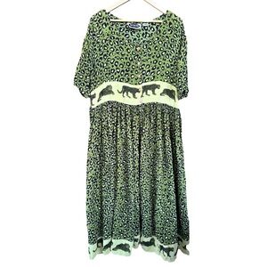 Vintage Mamta LA Green Leopard Drop Waist Tiger Print Boho Midi Dress Large